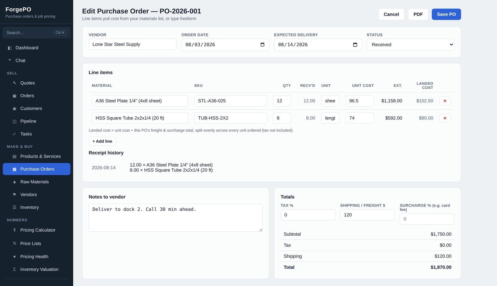 ForgePO purchase order editor with line items, landed cost column and receipt history