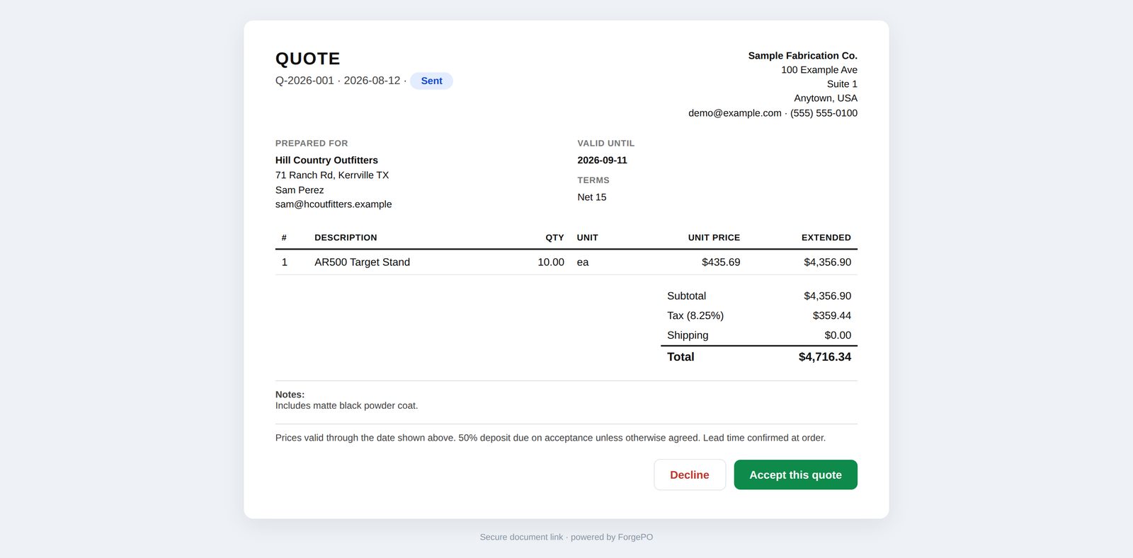 The customer-facing quote portal with Accept and Decline buttons