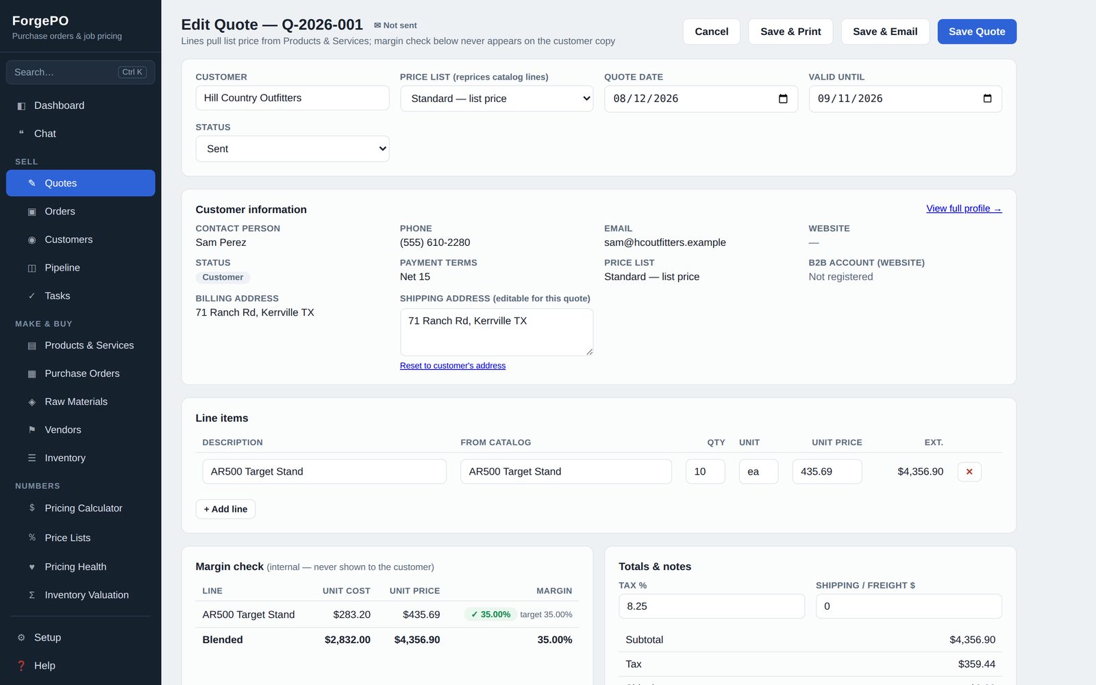 ForgePO quote editor showing customer information card, editable shipping address and internal margin check